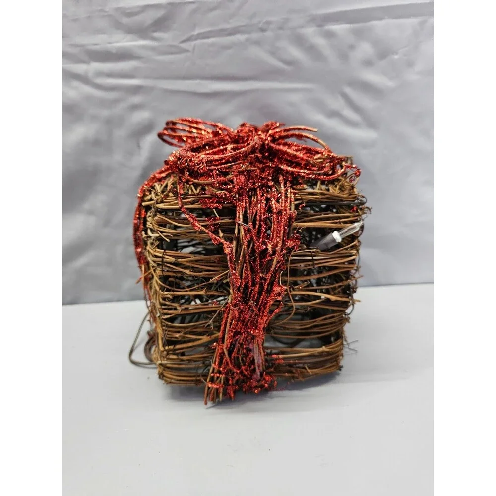 Grapevine Christmas Gift Box Decor Red Glitter Bow Farmhouse 6.5
